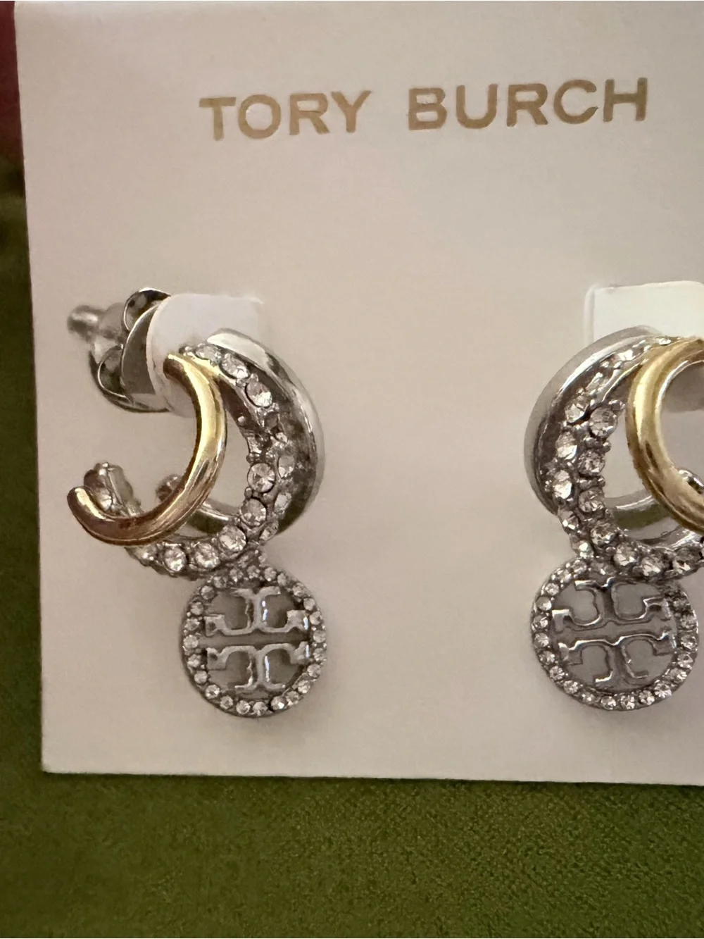 Tory Burch Three Layer Crystal Logo Drop Earrings